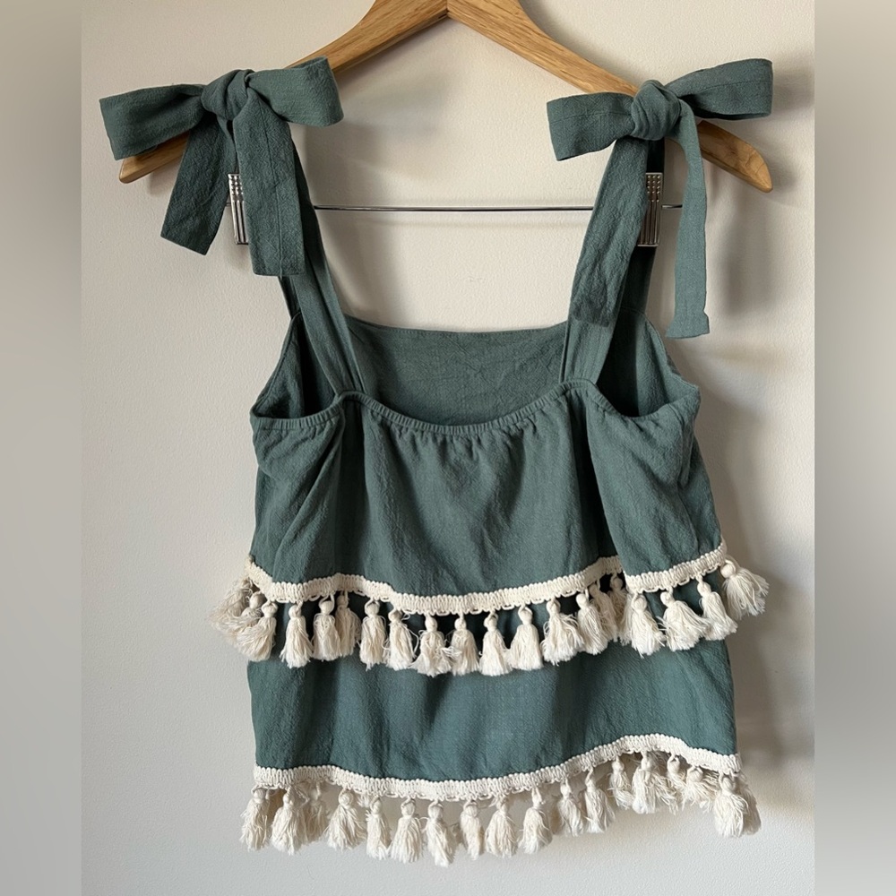 entro Tiered Tassel Top Tie Straps Cotton Linen Olive Green Size S - Picture 3 of 8